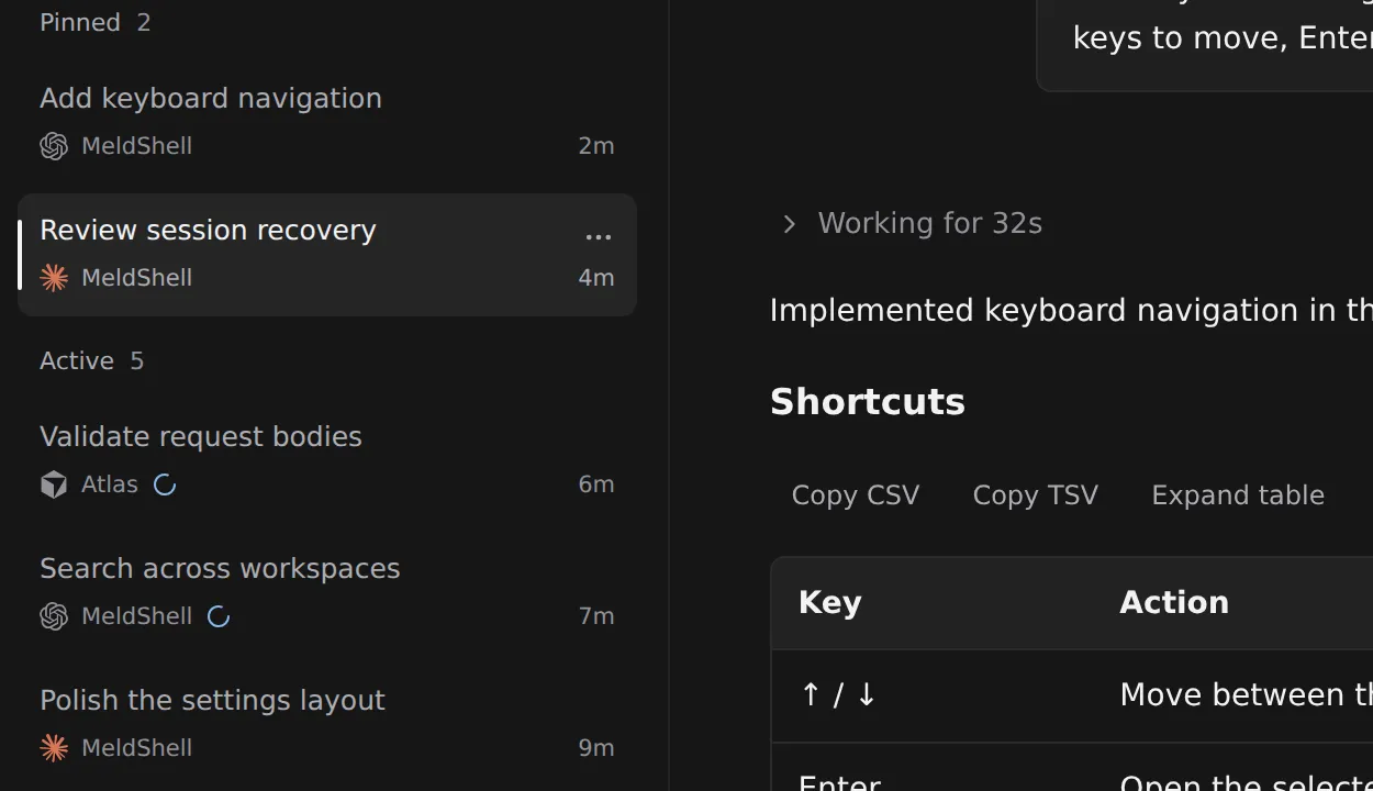 The MeldShell thread list with pinned and active conversations. Rows show the agent's icon, the project name, and a spinner where an agent is still working.