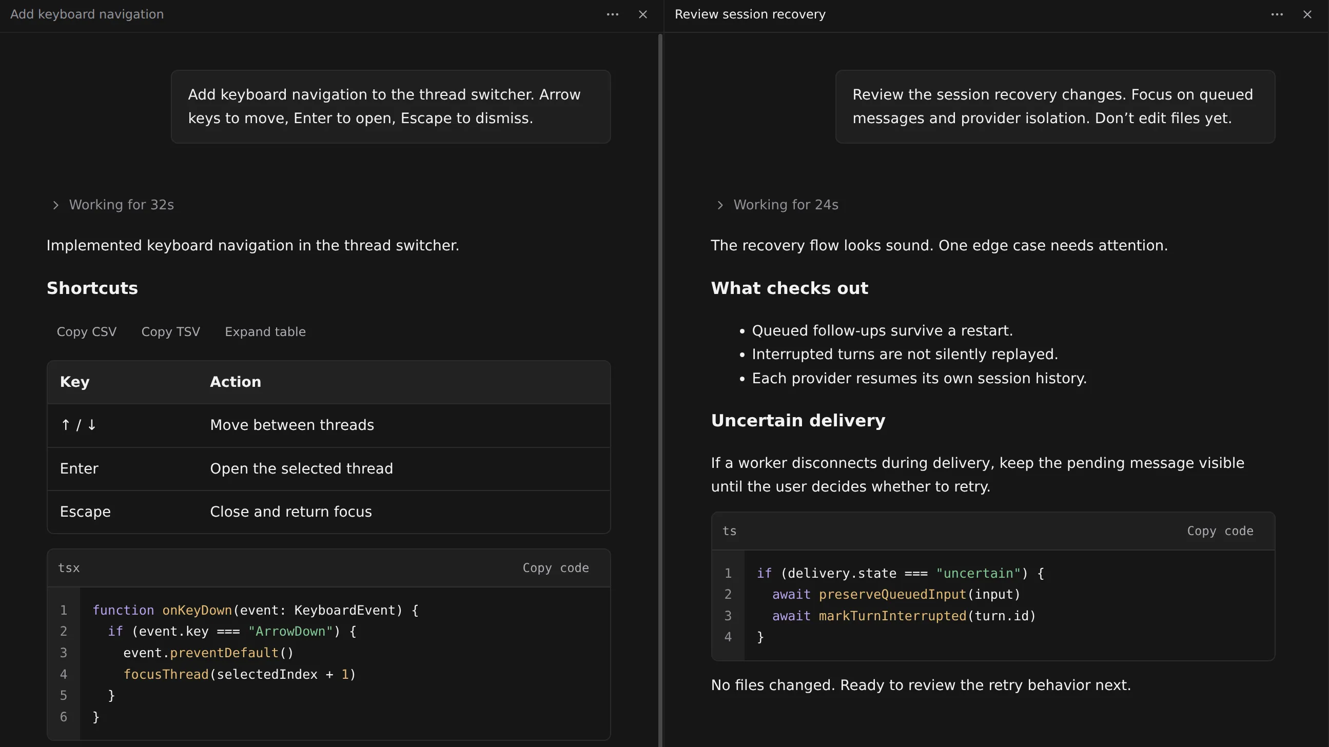 Two conversations open side by side in MeldShell: Codex adding keyboard navigation on the left, Claude Code reviewing session recovery on the right.