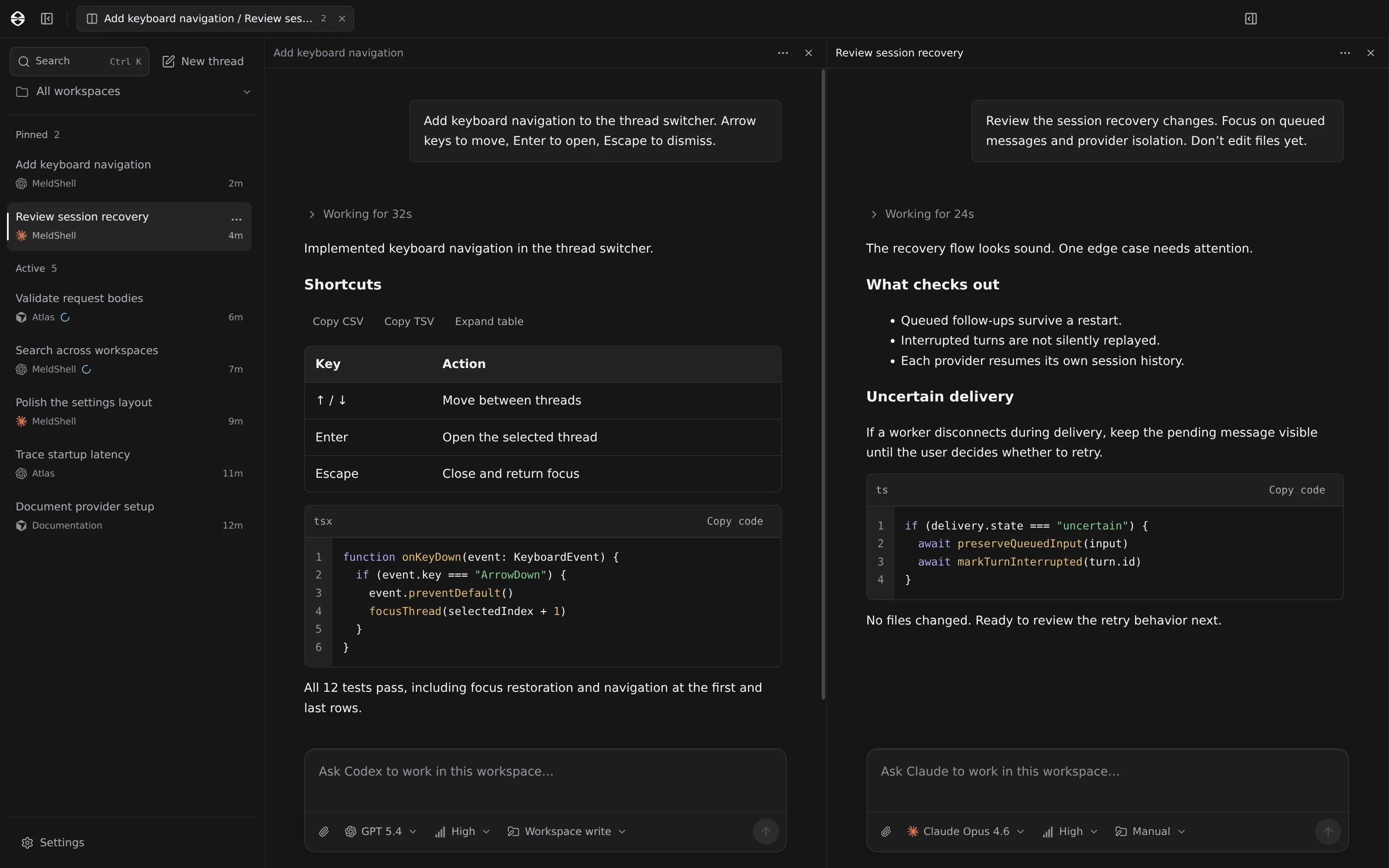 The MeldShell window. A list of conversations on the left shows which agents are working. Two conversations are open side by side: one with Codex and one with Claude Code.